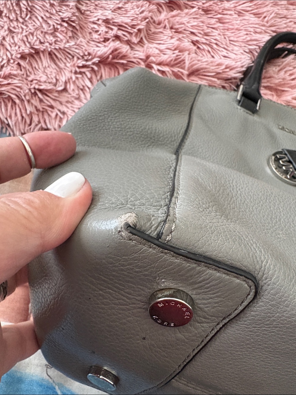 Michael Kors Gray Leather Satchel with Black Handles and Logo Charm - Picture 10 of 11